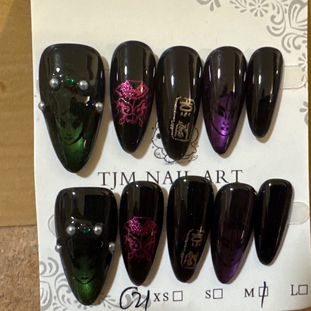 Press On Nails Black Gothic Almond Iridescent Mystic Design Size M